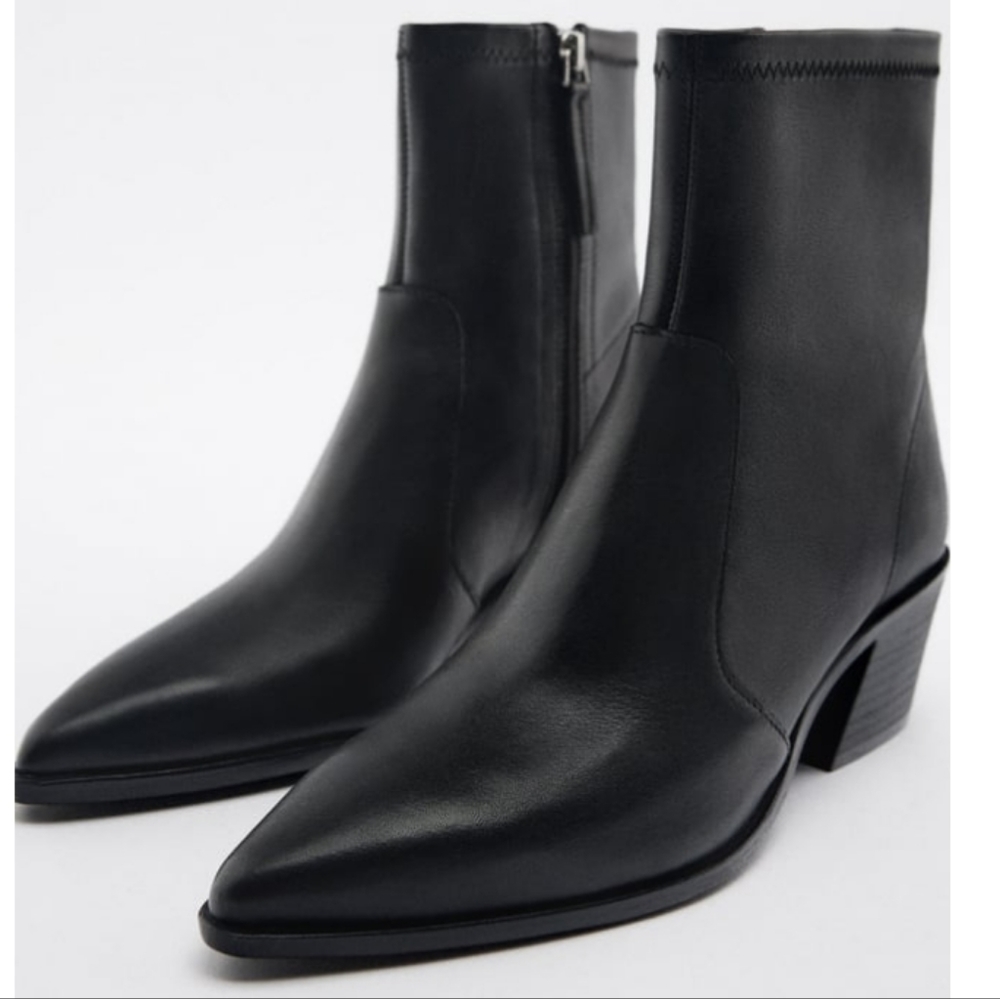NWT Zara Geniune Leather Cowboy Block Ankle Heeled Boots Booties